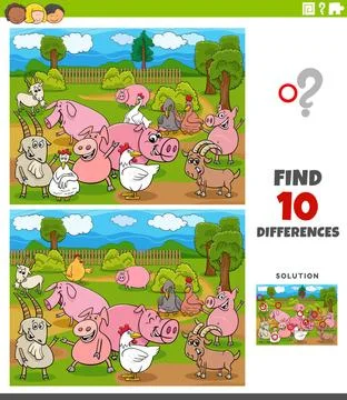Differences educational game with farm animal characters Cartoon Illustrat... Stock Photos