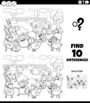 Differences educational game with farm animals coloring book page イラスト素材