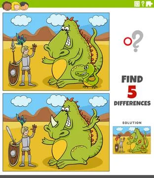 Differences educational game with knight and dragon Cartoon illustration o... Stock Photos