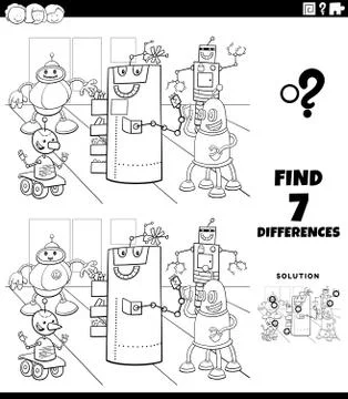 Differences educational game with robots coloring book page Stock Illustration