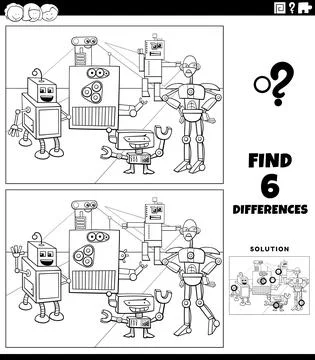 Differences educational game with robots coloring book page Stock Illustration