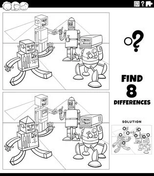 Differences educational game with robots coloring book page Stock Illustration