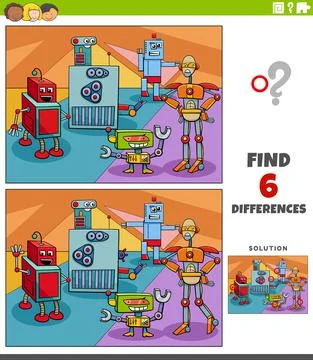 Differences educational game with robots fantasy characters Stock Illustration
