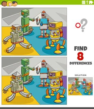 Differences educational game with robots fantasy characters Stock Illustration