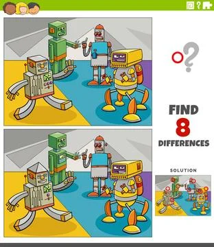 Differences educational game with robots fantasy characters Cartoon illust... Stock Photos