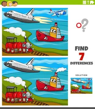 Differences educational game with transport vehicle characters Cartoon Ill... Stock Photos