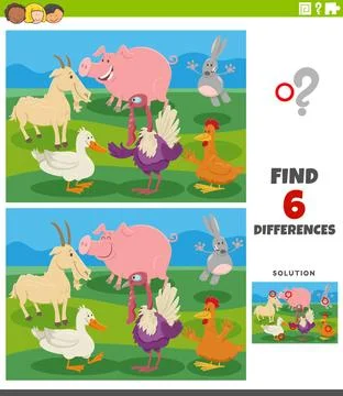 Differences educational task with cartoon farm animals Cartoon illustratio... Stock Photos
