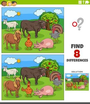 Differences educational task with cartoon farm animals Cartoon illustratio... Stock Photos