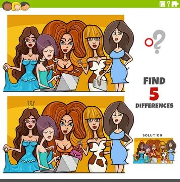 Differences educational task with comic women Cartoon illustration of find... Stock Photos