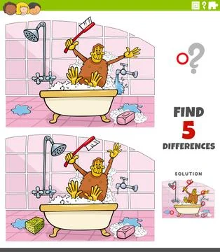 Differences educational task for kids with ape taking a bath Stock Illustration