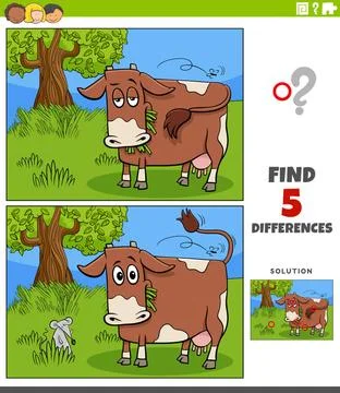 Differences educational task for kids with cow on the pasture Cartoon illu... Stock Photos