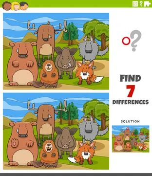 Differences educational task for kids with wild animals Cartoon Illustrati... Stock Photos