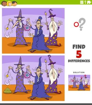 Differences educational task for kids with wizards fantasy characters Stock Illustration