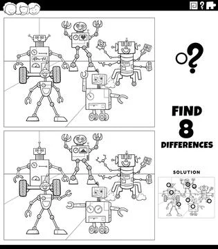 Differences educational task with robots coloring book page Stock Illustration