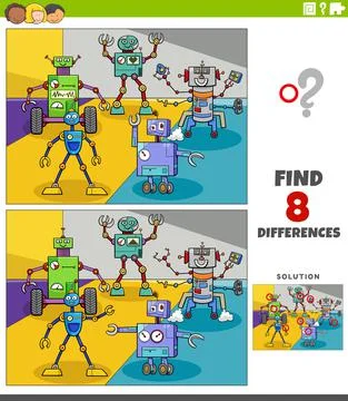 Differences educational task with robots fantasy characters Stock Illustration