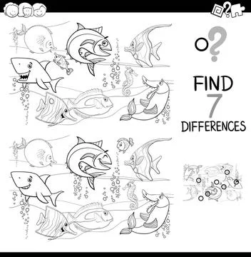 Differences with fish characters color book Black and White Cartoon Illust... Stock Photos
