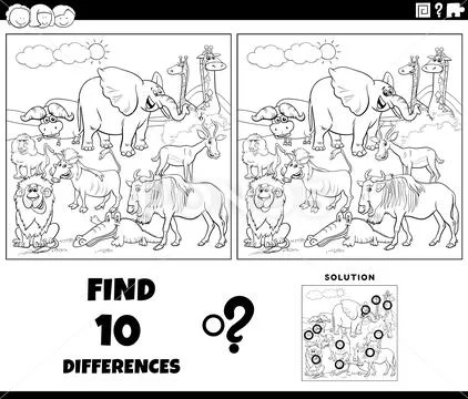 Differences game with African animals coloring page ~ Clip Art #236124395