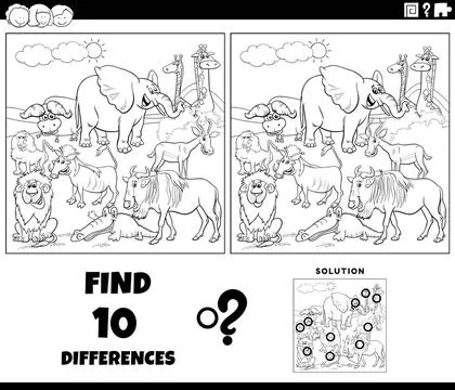 Differences game with African animals coloring page Black and white cartoo... Stock Photos