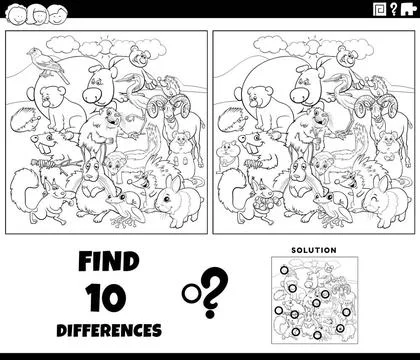 Differences game with animal characters coloring page Black and white cart... Stock Photos