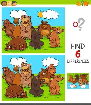 Differences game with bears animal characters Cartoon Illustration of Find... Stock Photos