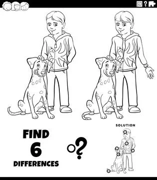 Differences game with boy and his dog coloring book page Stock Illustration