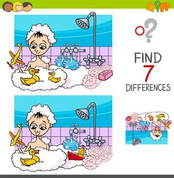 Differences game with boy playing in bath Cartoon Illustration of Finding ... Stock Photos