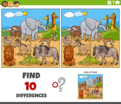 Differences game with cartoon African animals Cartoon illustration of find... Stock Photos