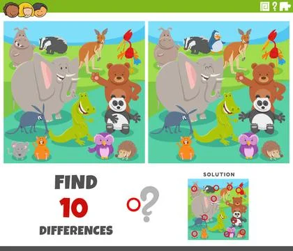 Differences game with cartoon animal characters group Cartoon illustration... Stock Photos