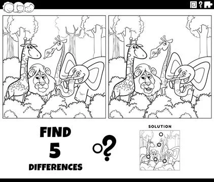 Differences game with cartoon animals coloring page Stock Illustration