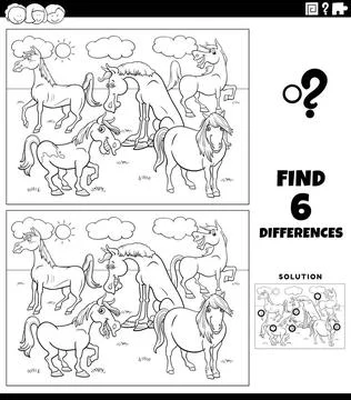 Differences game with cartoon animals coloring book page Black and white c... Stock Photos