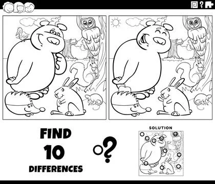 Differences game with cartoon animals coloring page Black and white cartoo... Stock Photos