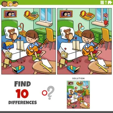 Differences game with cartoon boy with guitar in his room Stock Illustration