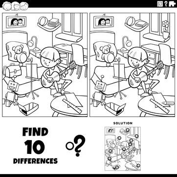 Differences game with cartoon boy in his room coloring page Stock Illustration