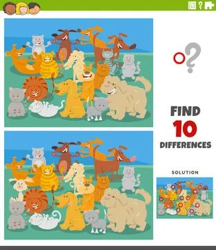 Differences game with cartoon cats and dogs characters Cartoon illustratio... Stock Photos