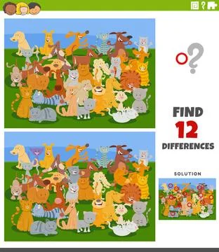 Differences game with cartoon cats and dogs characters Cartoon illustratio... Stock Photos