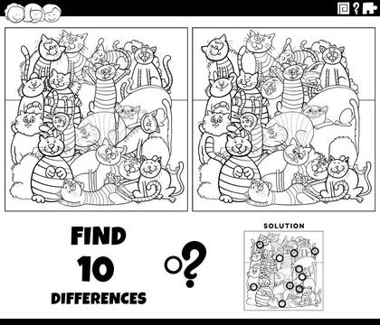 Differences game with cartoon cats coloring page Black and white cartoon i... Stock Photos