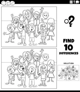 Differences game with cartoon children coloring page Black and white carto... Stock Photos
