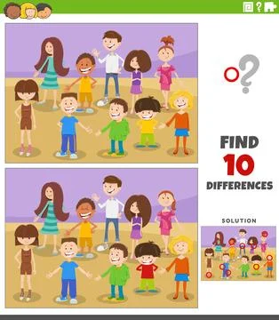 Differences game with cartoon children or teens characters group Stock Illustration