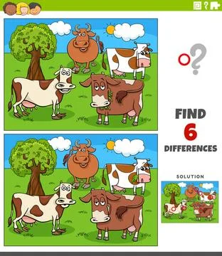 Differences game with cartoon cows farm animal characters Cartoon illustra... Stock Photos