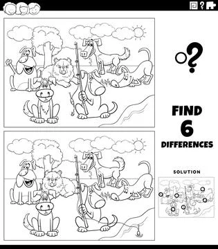 Differences game with cartoon dogs coloring book page Stock Illustration