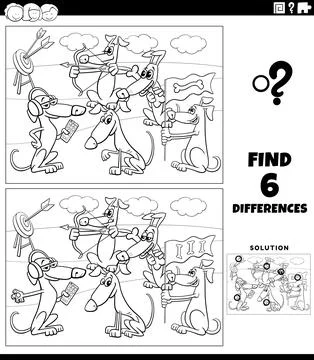 Differences game with cartoon dogs coloring page Stock Illustration