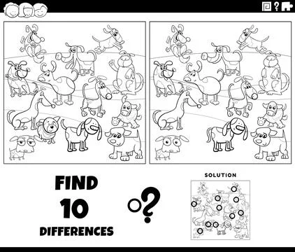 Differences game with cartoon dogs coloring page Stock Illustration