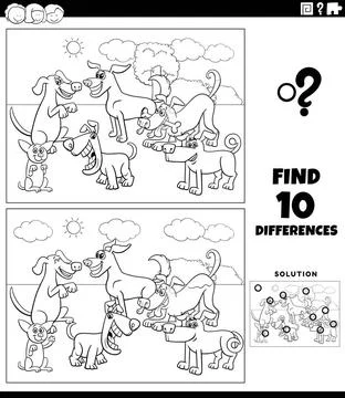 Differences game with cartoon dogs group coloring page Black and white car... Stock Photos