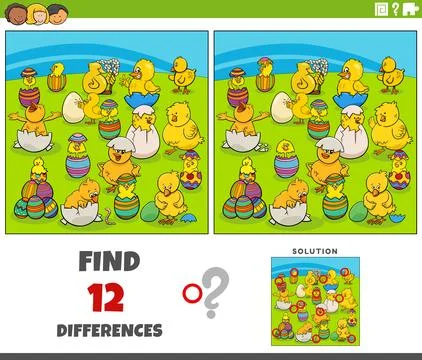Differences game with cartoon Easter chicks hatching from eggs Stock Illustration
