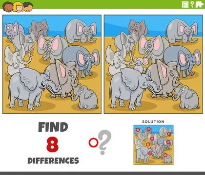 Differences game with cartoon elephants characters Cartoon illustration of... Stock Photos