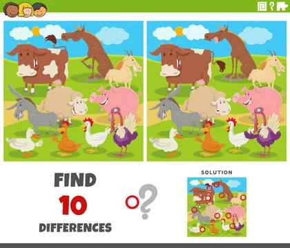 Differences game with cartoon farm animals Cartoon illustration of finding... Foto stock