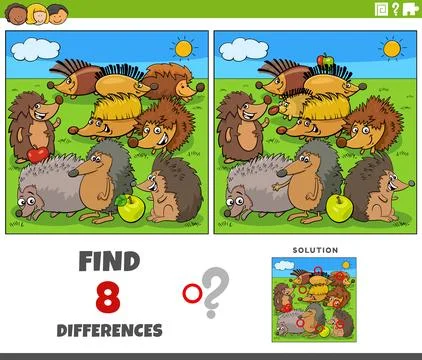 Differences game with cartoon hedgehogs characters Stock Illustration