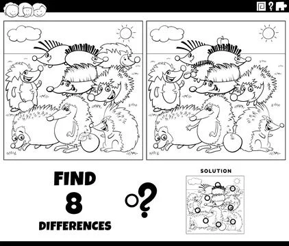 Differences game with cartoon hedgehogs coloring page Stock Illustration