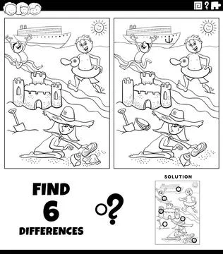 Differences game with cartoon kids on the beach coloring page Black and wh... Stock Photos