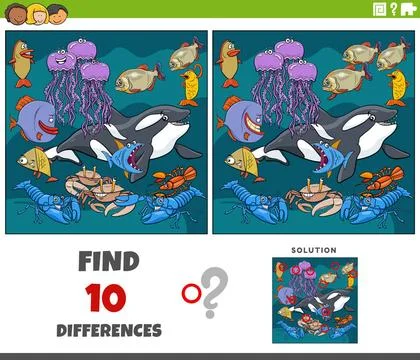 Differences game with cartoon marine animals Cartoon illustration of findi... Stock Photos
